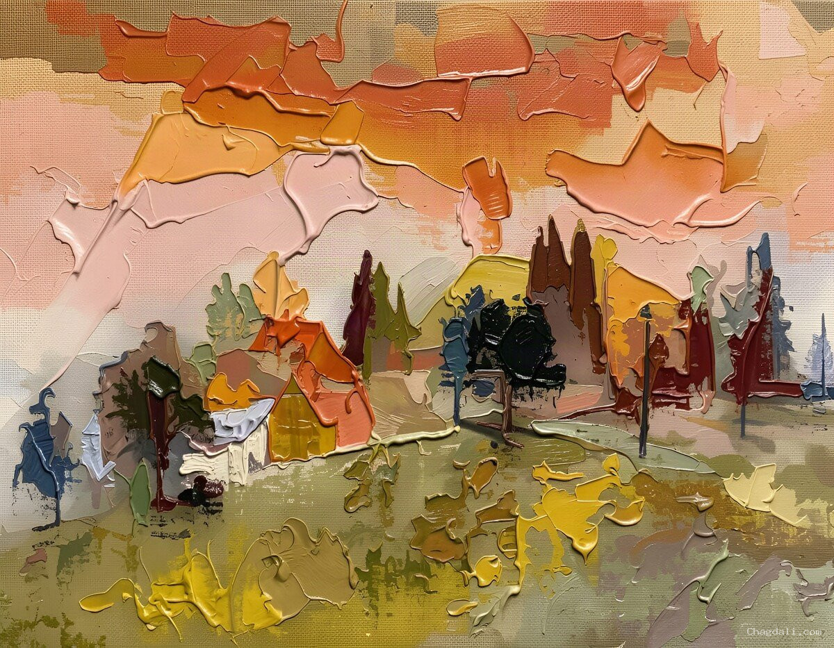 Pintura abstracta: casitas y cipreses oscuros bajo un cielo coral, sobre una pradera dorada.