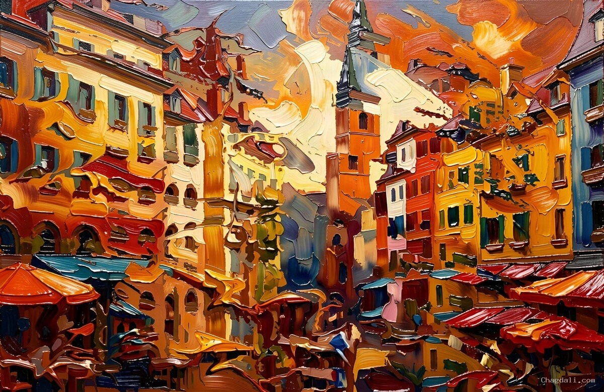 Bell Tower Bazaar – hilltown market square art Abstract painting: bell tower over a hilltown square with striped awnings and ochre façades at dusk.