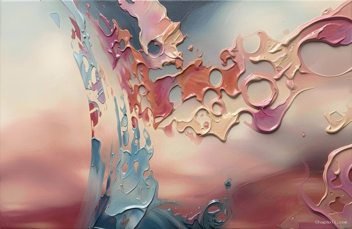 Composición abstracta: células color coral que se funden en un azul grisáceo y fresco.