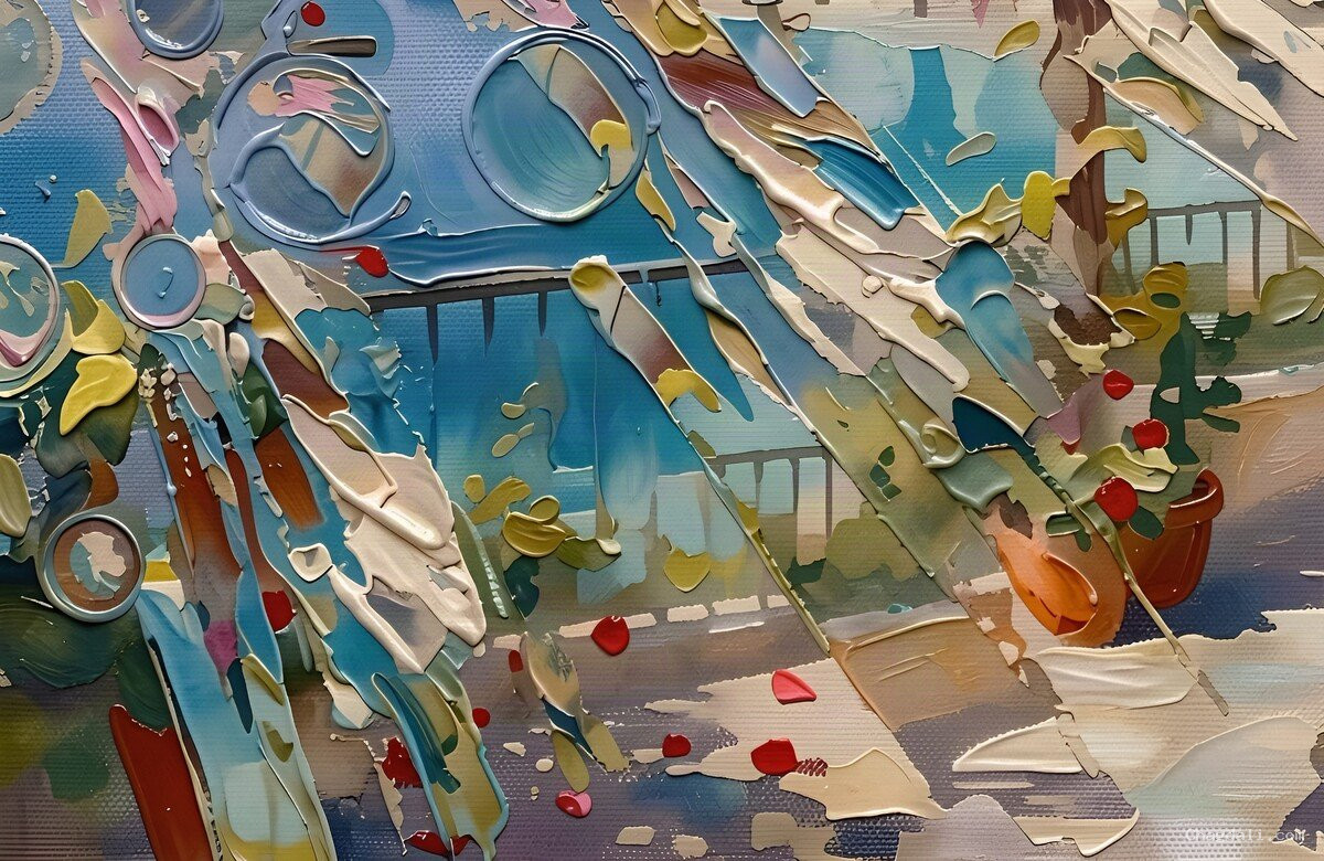 Balcon Côte d'Azur – Abstrait méditerranéen avec pétales de rose Scène abstraite de balcon avec traînées de lumière turquoise diagonales, pétales de rose rouges dispersés, pot en terre cuite avec feuillage et formes circulaires