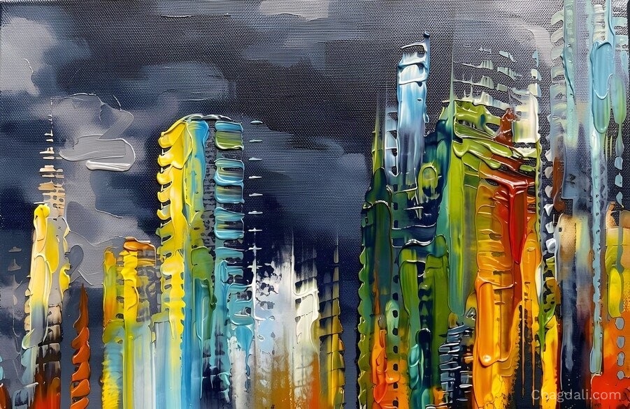 Electric Storm Skyline - Abstract Cityscape Painting Abstract cityscape painting of colorful skyscrapers under a stormy gray sky