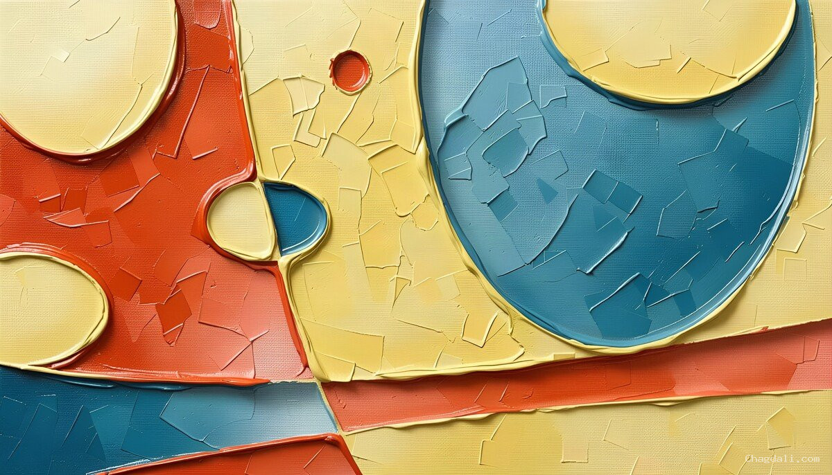 Abstract composition: red, blue and cream shapes and bands on a crackled yellow ground.