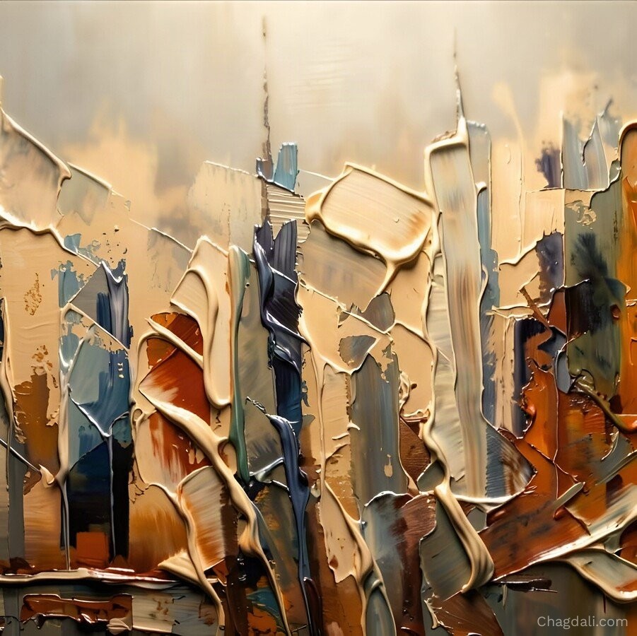 Abstract impasto painting of a golden grove with tall trunk-like forms in blue-gray and rust tones
