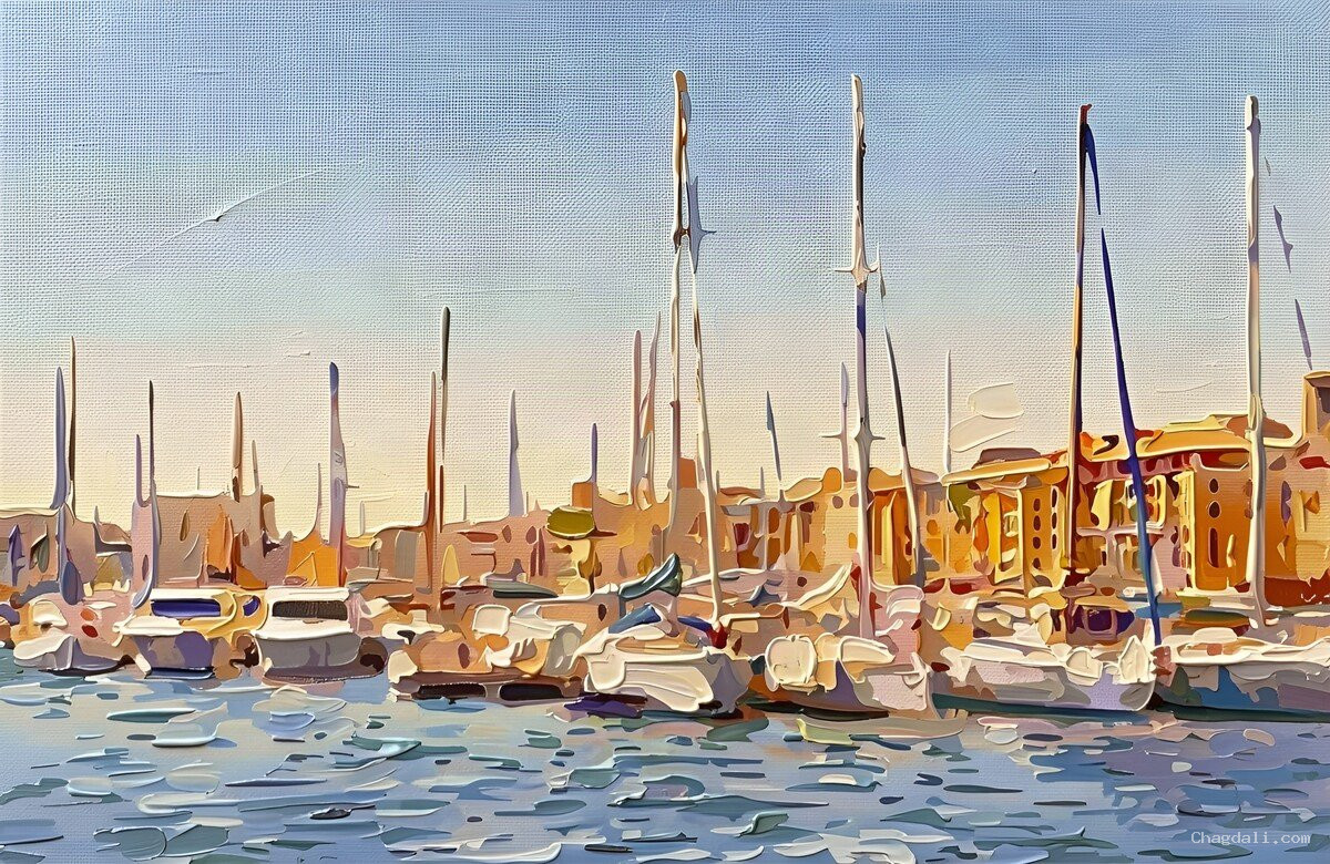 Golden Moorings — Sailboat Harbor in Dusk Light Abstract Landscape Art