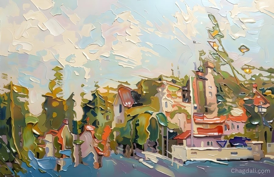 Abstract painting of a small village harbor with a moored boat and wind-bent trees under a stormy sky