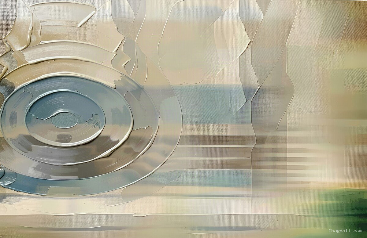 Abstract composition with deep concentric spiral on the left, blurred ghostly human silhouettes mid-right, horizontal speed lines, and a faint green edge