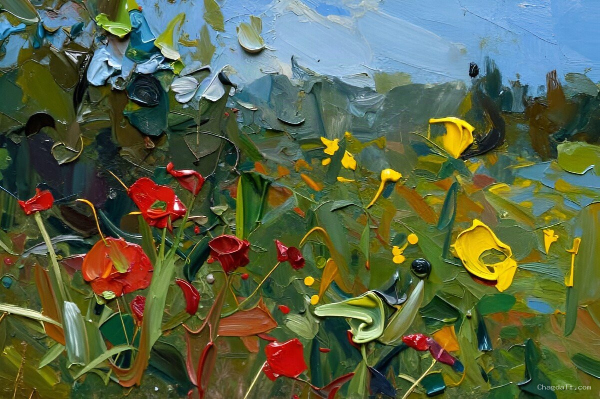 Meadow Ablaze – Poppy Field Landscape Art Abstract painting: red poppies and yellow wildflowers in a green summer meadow under a blue sky
