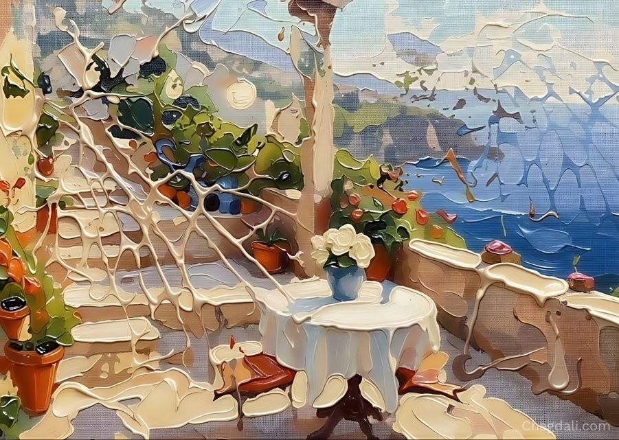 Abstract impasto painting of a Mediterranean stone terrace with orange flowers, a table set with roses, and a coastal sea view