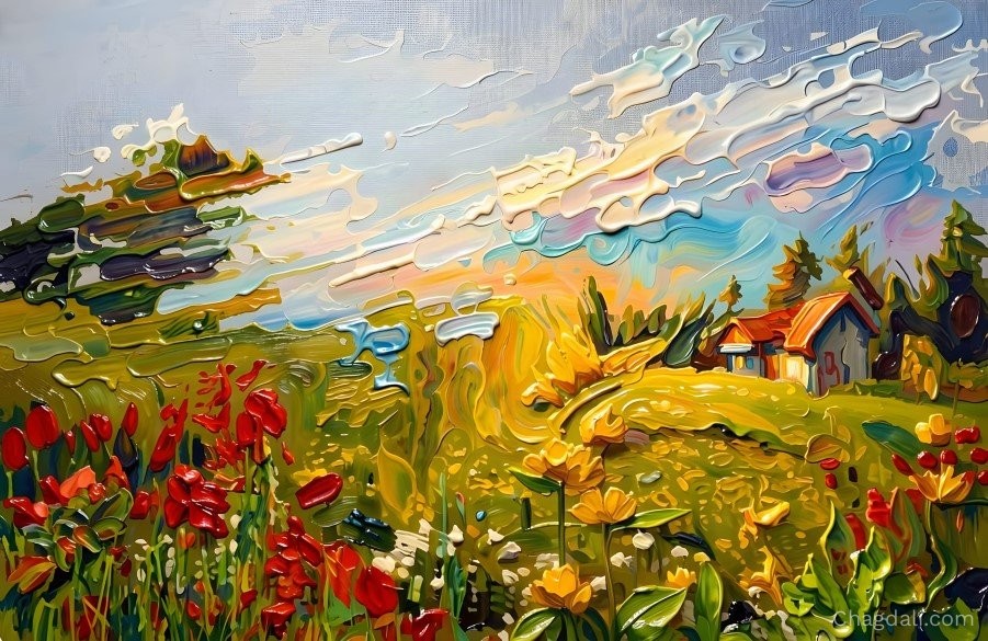 Abstract mosaic-style painting of a wildflower field with red poppies and yellow lilies leading to a red-roofed cottage under a streaked blue sky