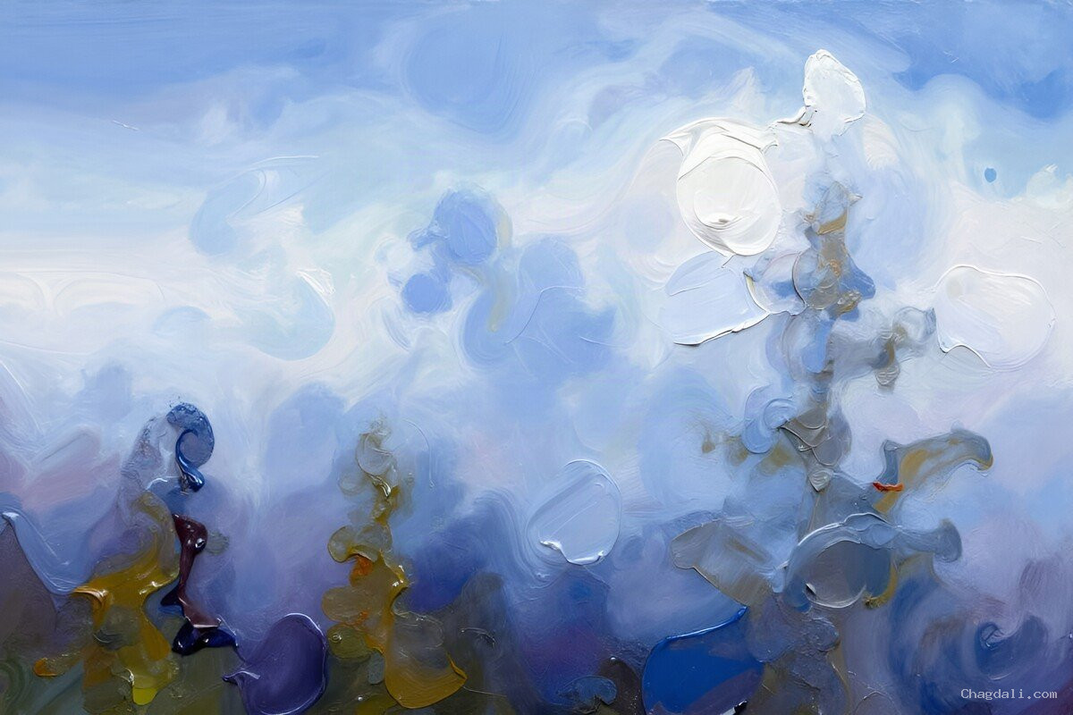 Ascendance Lunaire – Ciel nocturne lumineux Paysage nocturne lumineux dominé par une lune brillante blanche dans un ciel bleu pâle, avec des bleus plus profonds en bas et des tons chauds dans les formes inférieures