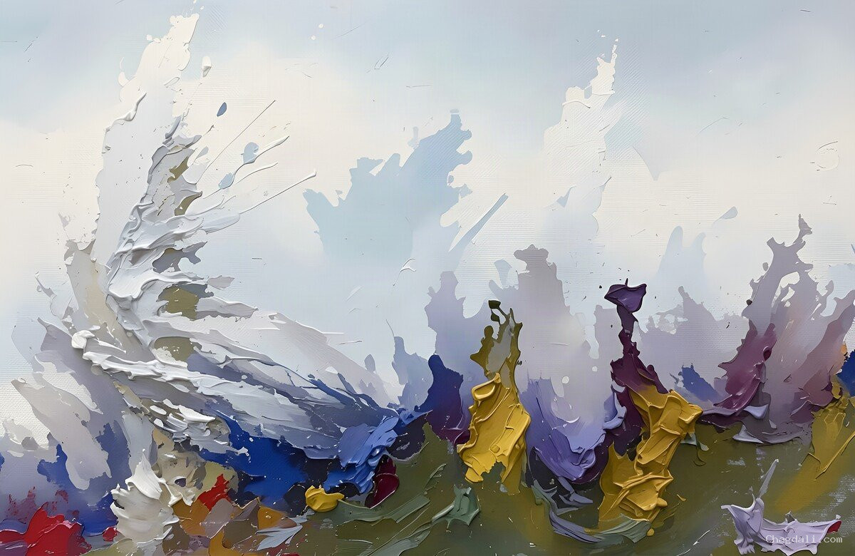 Composición abstracta turbulenta con azules tormentosos, púrpuras profundos, amarillos ardientes y rojos carmesí en colisión dinámica