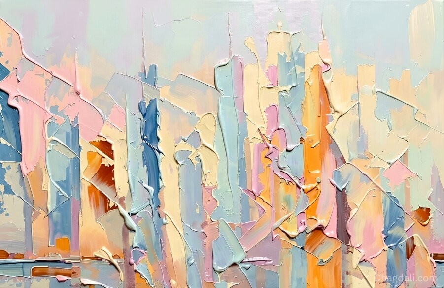 Abstract impasto painting of a city skyline with skyscrapers in soft pastel pink, blue, and orange tones