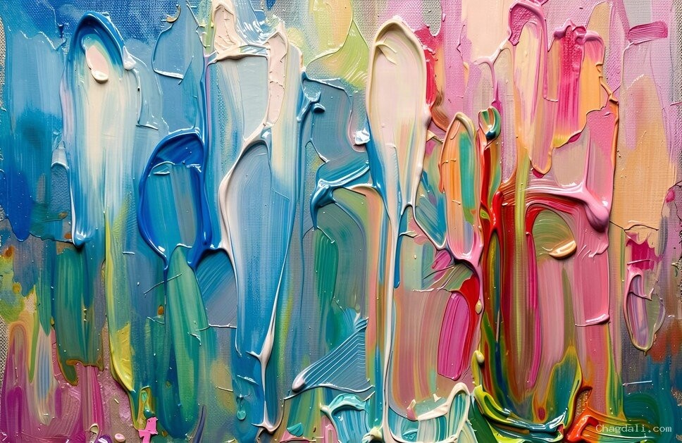 Stille Besucher, abstraktes Impasto-Gemälde mit senkrechten Pinselstrichen in Rosa, Blau und Creme