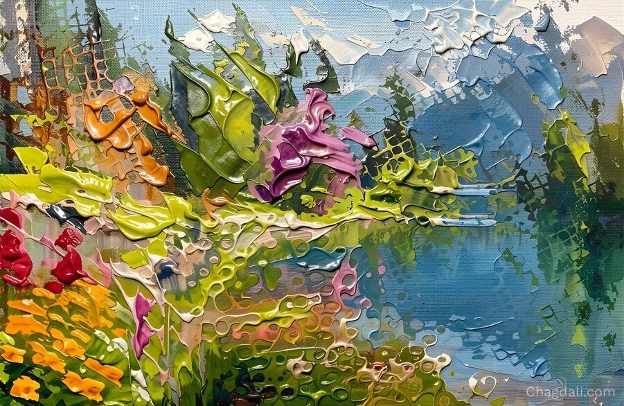 Abstract impasto painting of wild spring blossoms in vivid color above a calm lake with hazy mountains