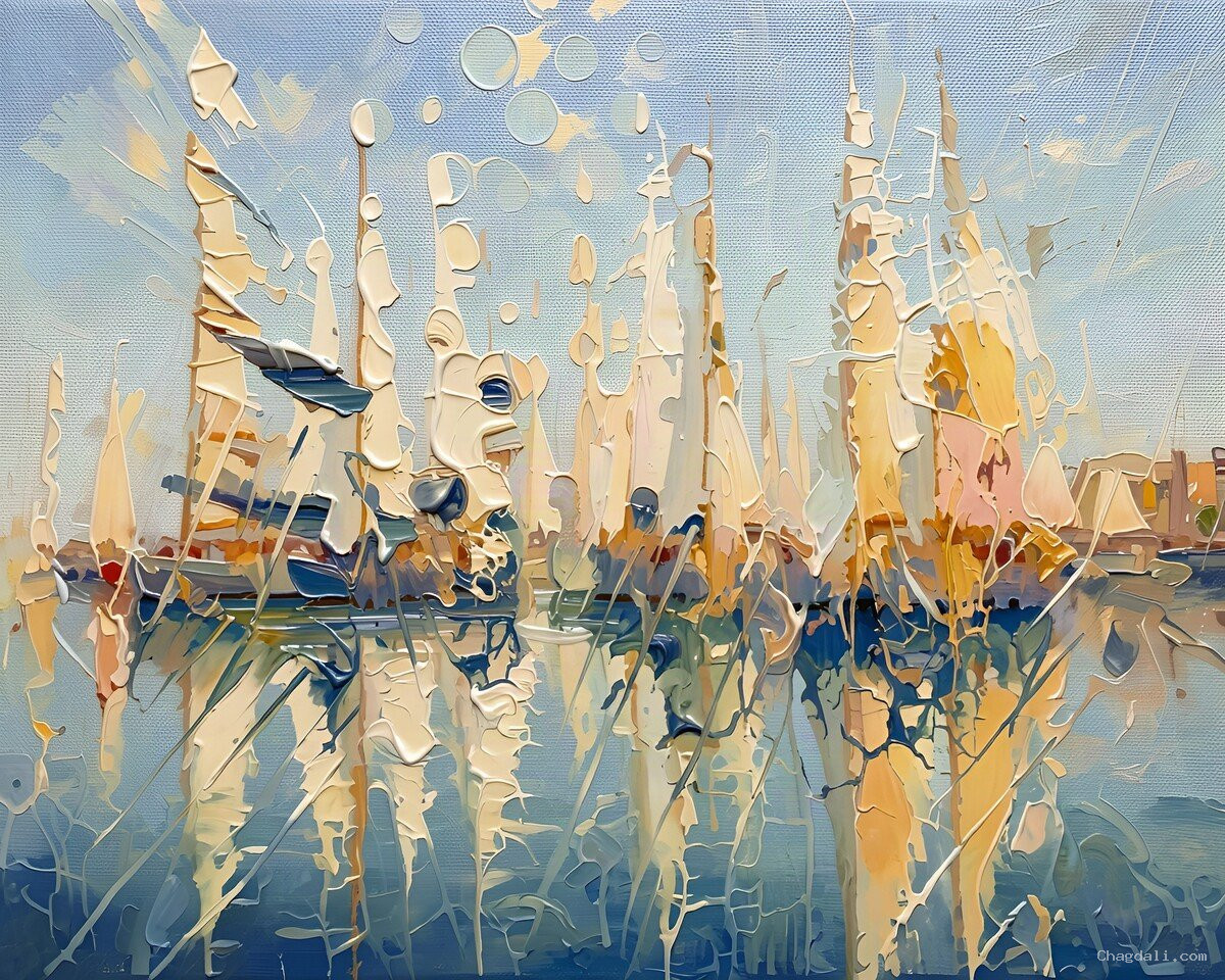 Marina tranquille – mâts de voiliers et reflets portuaires, art abstrait Peinture abstraite : mâts de voiliers crème et dorés reflétés dans une eau bleu-gris, ciel pâle.
