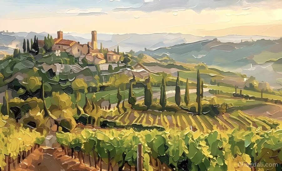Abstract painting of a Tuscan hillside village with terracotta rooftops, vineyard rows and cypress trees under a golden sunset sky