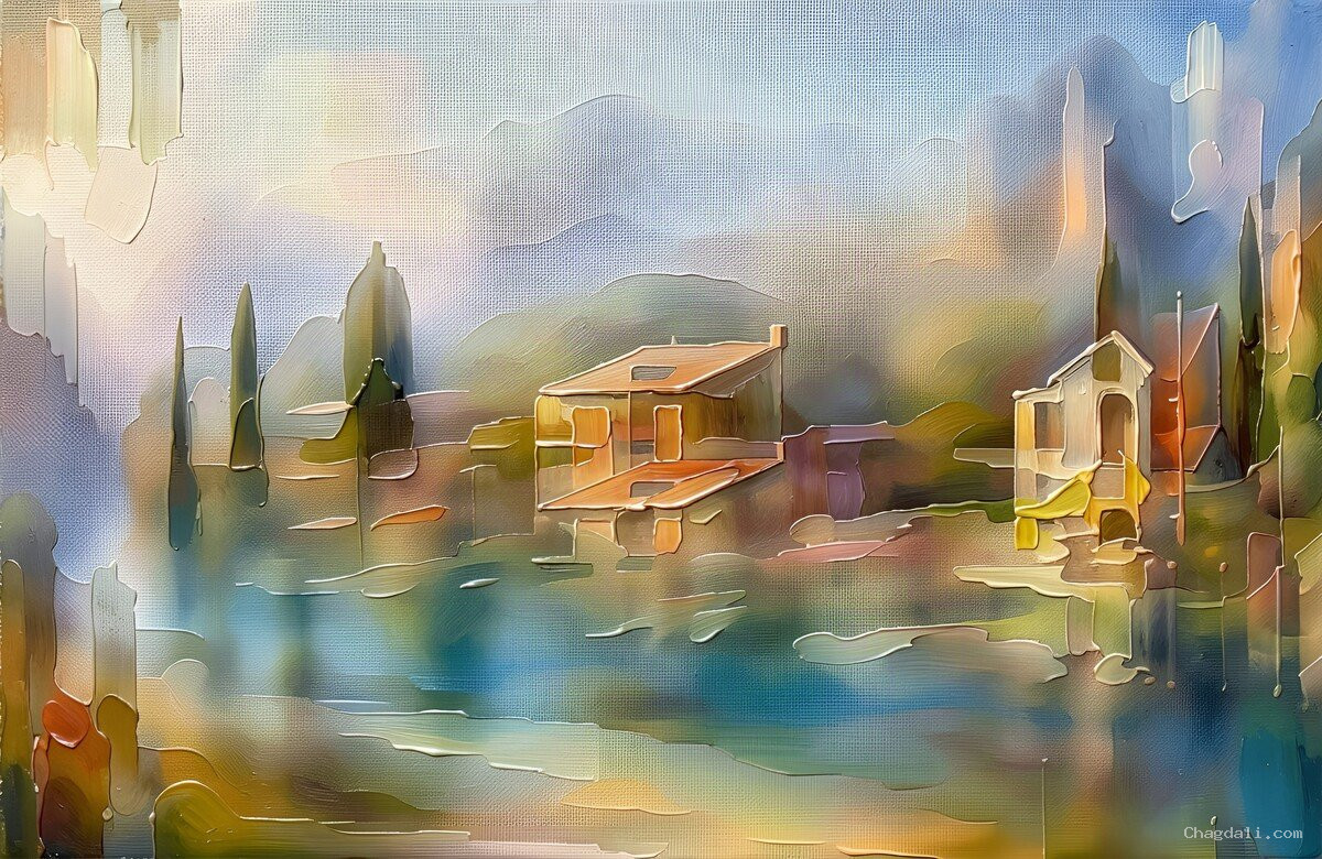 Tuscan Serenity – Water Garden with Cypress Trees Tuscan waterside village with cypress trees, terracotta villas, and mountain mist under golden dusk light