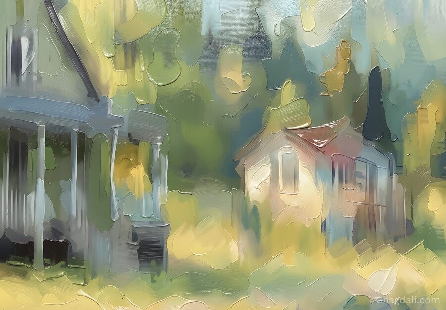 Abstract impasto painting of two forest cottages, one bathed in warm golden light and one shadowed, among hazy trees