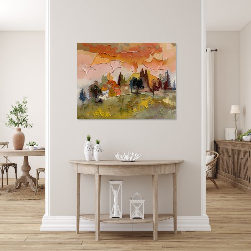 Pintura abstracta: casitas y cipreses oscuros bajo un cielo coral, sobre una pradera dorada., lámina de arte