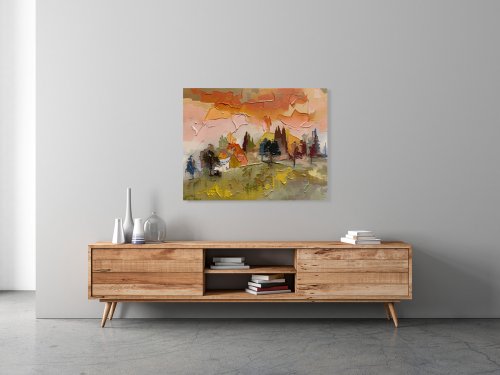 Casita Dorada — Casitas y cipreses al atardecer, lámina de arte