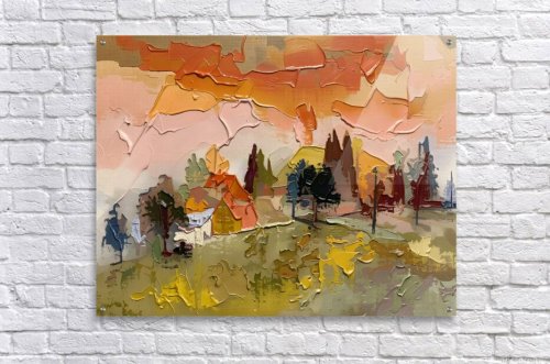 Casita Dorada – Paisaje rural al atardecer, arte abstracto, lámina de arte