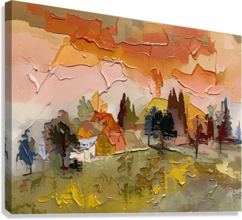 Casita Dorada — Aldea rural al atardecer en paisaje abstracto, lámina de arte