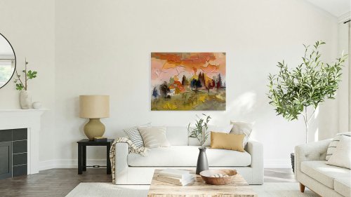 Pintura abstracta: casitas y cipreses oscuros bajo un cielo coral, sobre una pradera dorada., lámina de arte