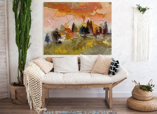 Casita Dorada — Casitas y cipreses al atardecer, lámina de arte