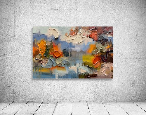 Autumn Lake Reflections, abstract digital painting of a Canadian lake in rust, gold and sage, fine art print