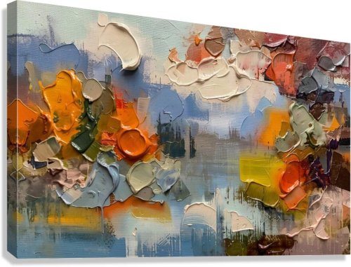 Thick impasto-style strokes capture a still Canadian lake mirroring autumn's fire — rust, gold and sage layered into a textured abstract landscape., fine art print