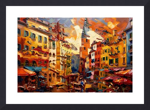 Abstract painting: bell tower over a hilltown square with striped awnings and ochre façades at dusk., fine art print