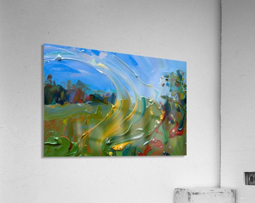 Tanzende Wiese abstraktes Landschaftsbild mit grünen, goldenen und blauen Farbbändern, Kunstdruck