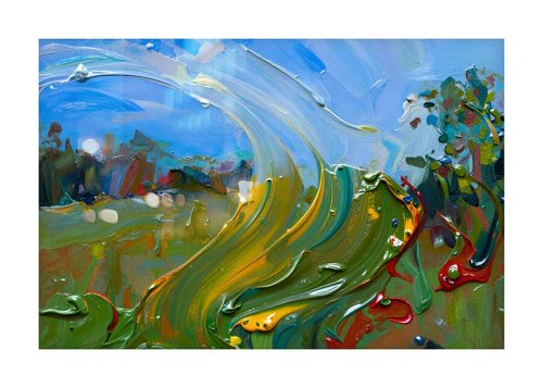 Eine tanzende Wiese in Blau-, Grün- und Goldtönen — dicke Farbbänder voller Bewegung und Wind in einer abstrakten Landschaft., Kunstdruck