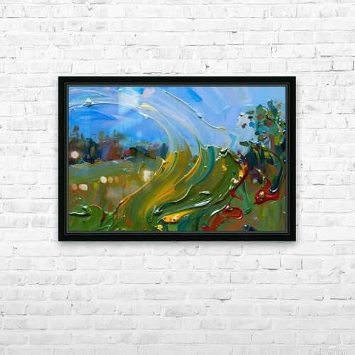 Tanzende Wiese abstraktes Landschaftsbild mit grünen, goldenen und blauen Farbbändern, Kunstdruck