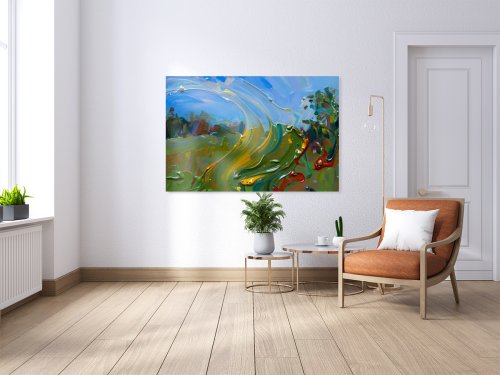 Eine tanzende Wiese in Blau-, Grün- und Goldtönen — dicke Farbbänder voller Bewegung und Wind in einer abstrakten Landschaft., Kunstdruck