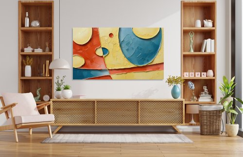 Abstract composition: red, blue and cream shapes and bands on a crackled yellow ground., fine art print