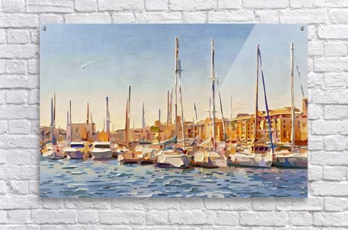 Golden Moorings — Sailboat Harbor in Dusk Light Abstract Landscape Art, fine art print
