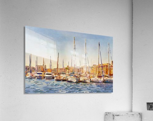 Abstract painting: sailboat masts and moored boats before a sunlit harbor town at dusk., fine art print