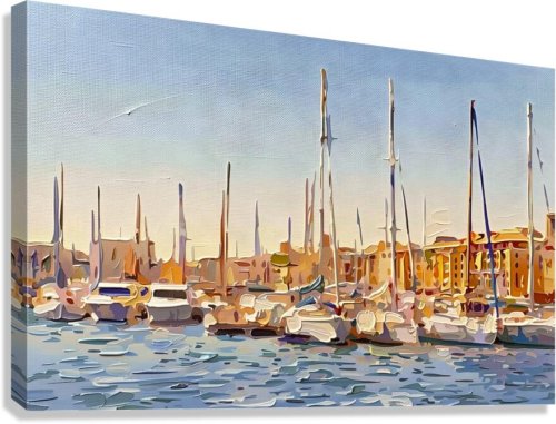 Golden Moorings — Masts and moored sailboats rise against a glowing harbor town, fine art print