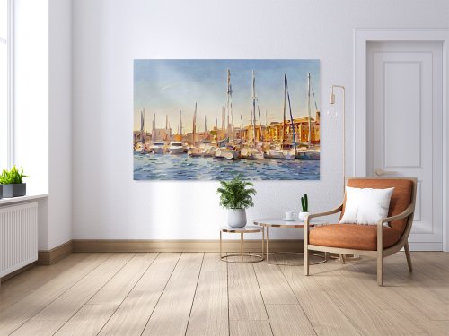 Golden Moorings – Harbor Sailboats Landscape Art, fine art print
