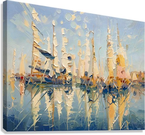 Marina tranquille — Mâts de voiliers et reflets dans un tableau abstrait côtier, tirage d'art