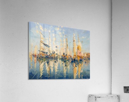 Peinture abstraite : mâts de voiliers crème et dorés reflétés dans une eau bleu-gris, ciel pâle., tirage d'art