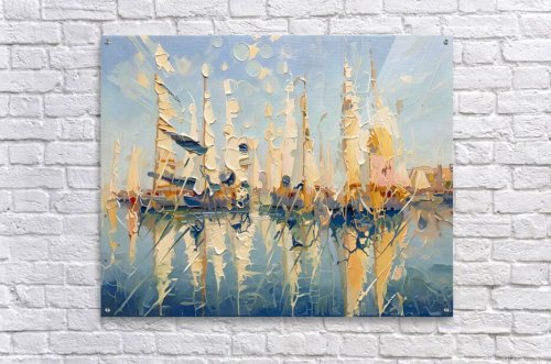 Marina tranquille — Mâts et reflets dans un port ensoleillé, tirage d'art