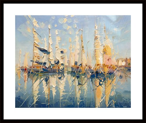 Marina tranquille – mâts de voiliers et reflets portuaires, art abstrait, tirage d'art