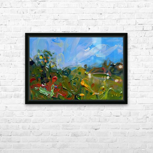 Épaisses touches vertes, jaunes et rouges de plantes de prairie sous un ciel bleu et des nuages blancs, tirage d'art