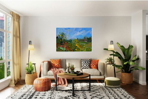 Chœur d'été — Herbes de prairie et fleurs sauvages sous un ciel bleu en paysage abstrait, tirage d'art