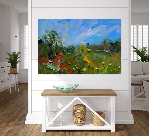 Épaisses touches vertes, jaunes et rouges de plantes de prairie sous un ciel bleu et des nuages blancs, tirage d'art
