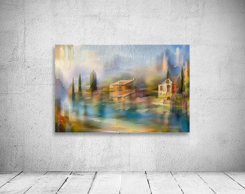 Tuscan Serenity — Village Water Garden with Cypress Trees and Mountain Mist, fine art print