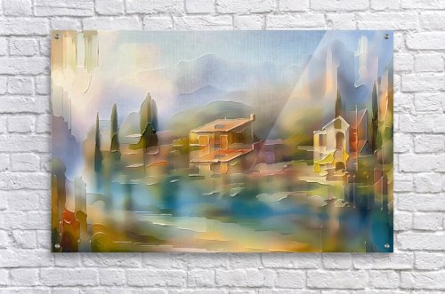 Tuscan waterside village with cypress trees, terracotta villas, and mountain mist under golden dusk light, fine art print